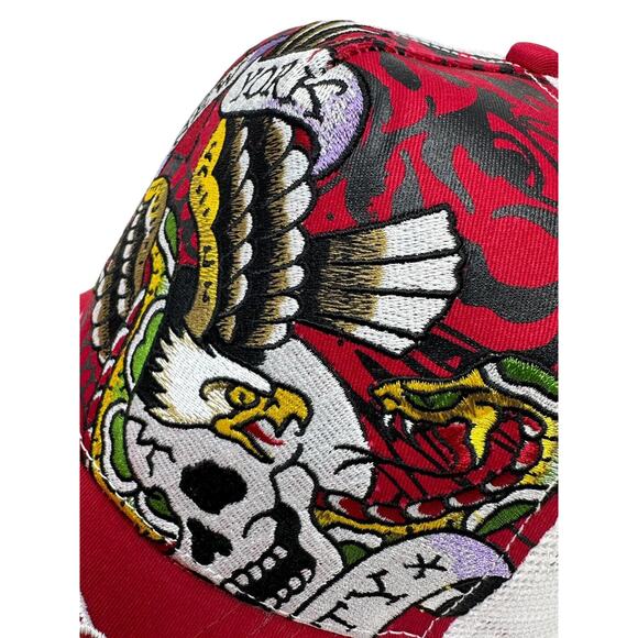 Ed Hardy Trucker Hat Embroidered Tattoo New York Eagle Red Snapback Mesh Cap - Picture 4 of 6
